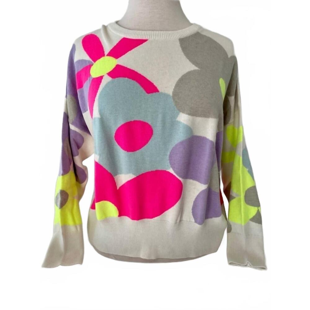 Brodie Cashmere Cream Sweater with Neon Pink, Lime, Lavender & Gray Floral Print